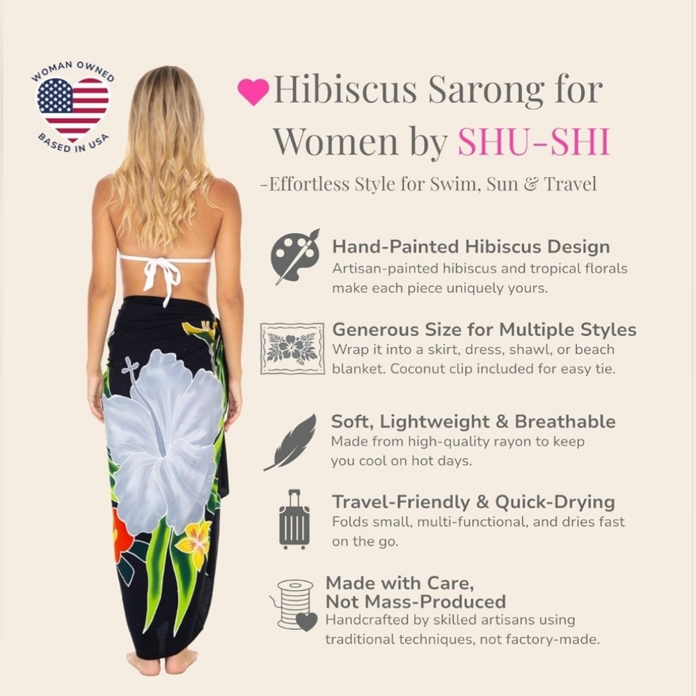 SHU-SHI Hand-Painted Hibiscus Sarong Beach Cover-Up Pareo Wrap BNWT - Picture 2 of 7